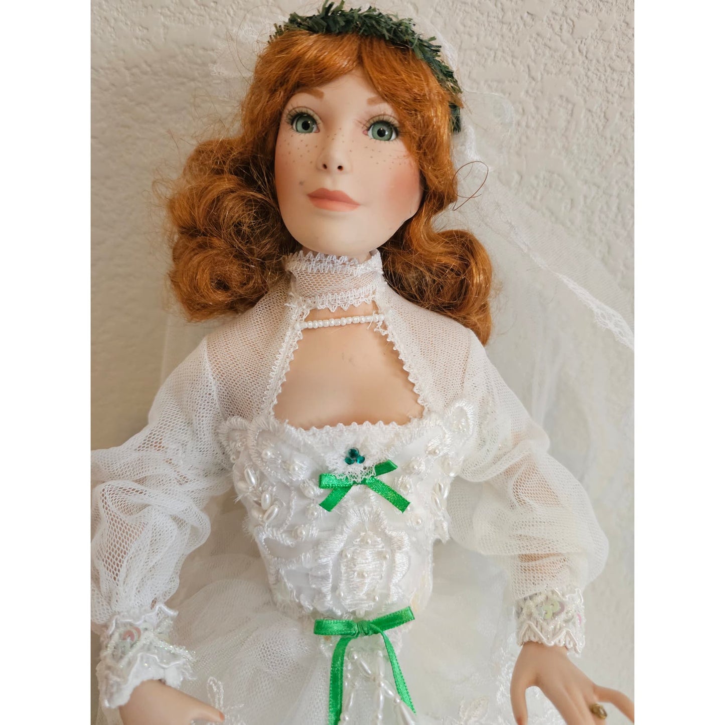 Vintage 1990s Porcelain Doll Irish Wedding Bride Doll White Green Dress