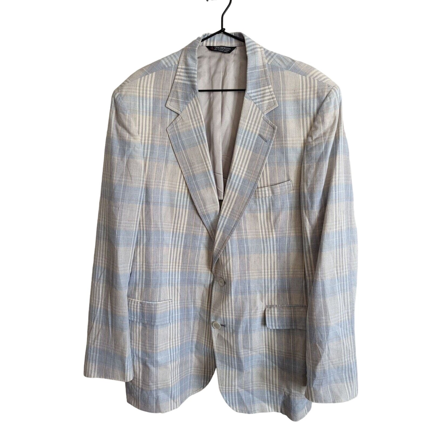 Vintage 1970s Andover Reed Mens 2 Button Suit Coat Light Blue Plaid Sz 42R