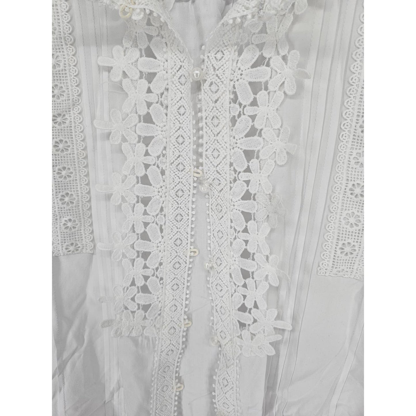 Mazik Womens Sz L Long Sleeve Button Up Top Crochet White Beachy Open Knit