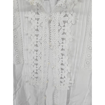 Mazik Womens Sz L Long Sleeve Button Up Top Crochet White Beachy Open Knit