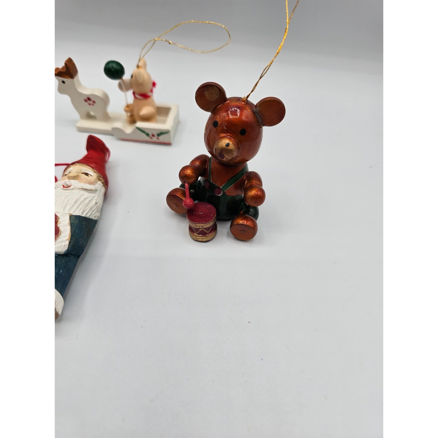 Lot of 5 Vintage Hand Painted Wooden Christas Ornaments Horse Santa Teddy Bear