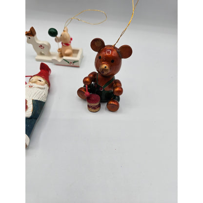 Lot of 5 Vintage Hand Painted Wooden Christas Ornaments Horse Santa Teddy Bear