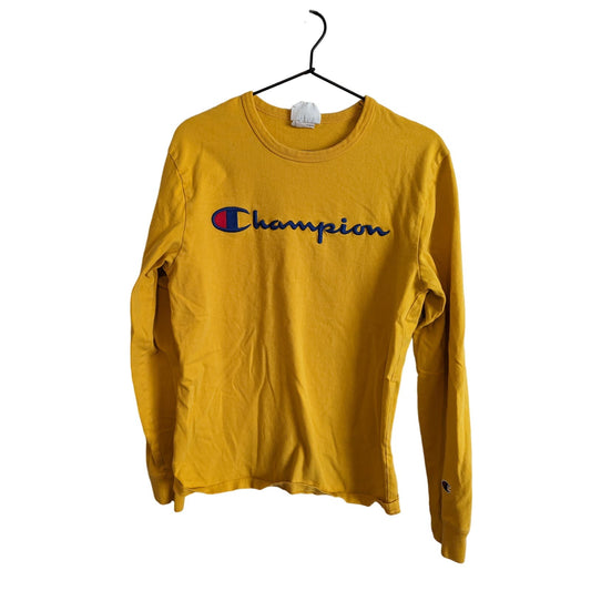 Vintage Champion Womens Sz S Long Sleeve T Shirt Yellow w/ Blue Embroidered Logo