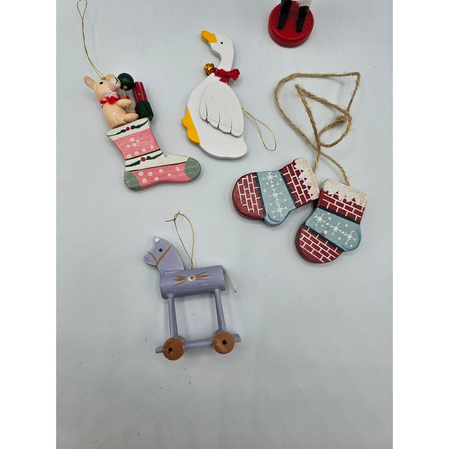 Lot of 5 Vintage Hand Painted Wooden Christas Ornaments Nutcracker Horse Goose