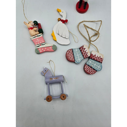 Lot of 5 Vintage Hand Painted Wooden Christas Ornaments Nutcracker Horse Goose