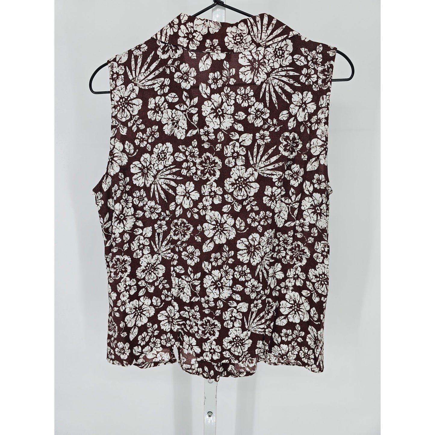 Dressbarn Womens Sz M Sleeveless Button Up Blouse Brown White Floral