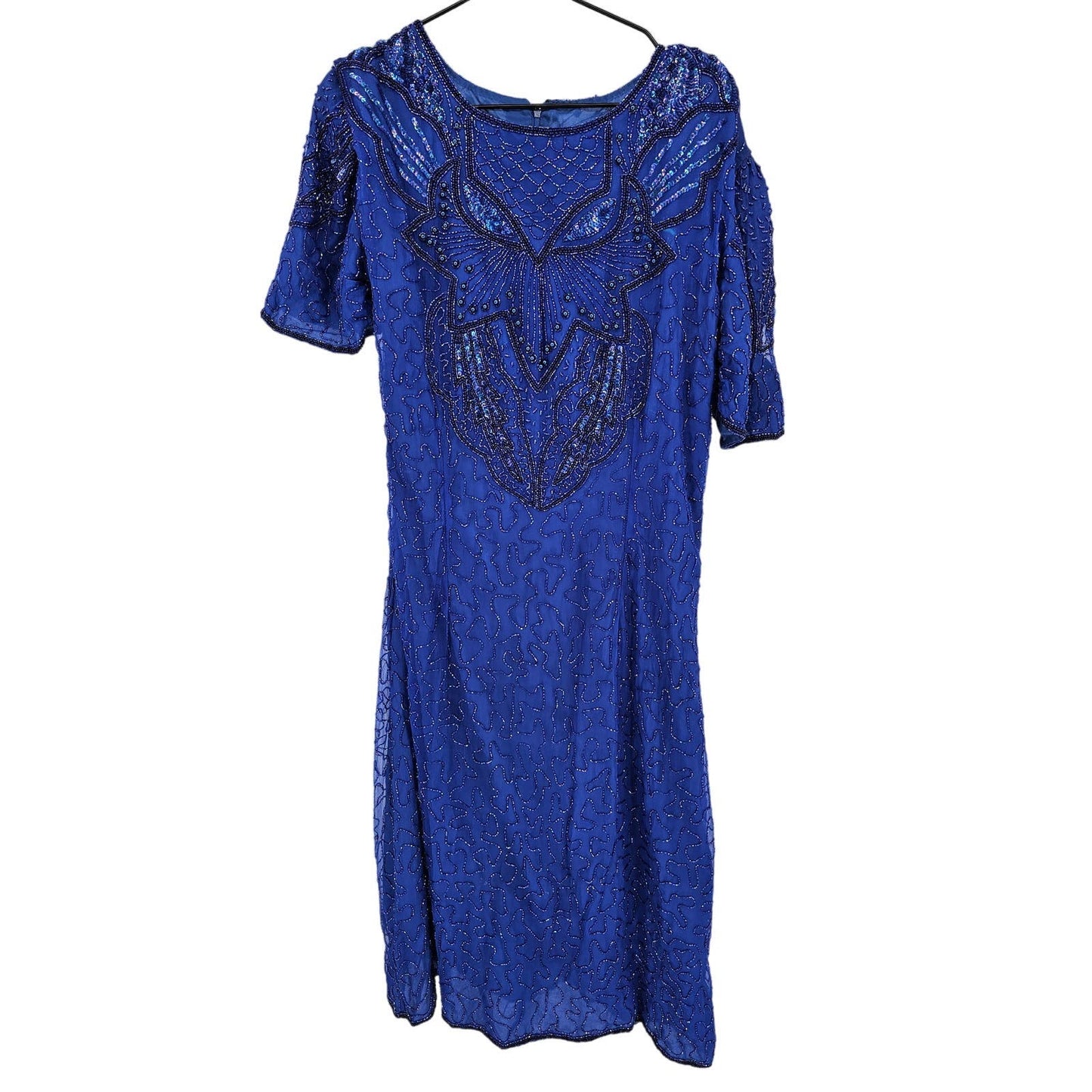 Vintage Womens Sz 14 Midi Length Short Sleeve Formal Dress Fully Beaded Blue