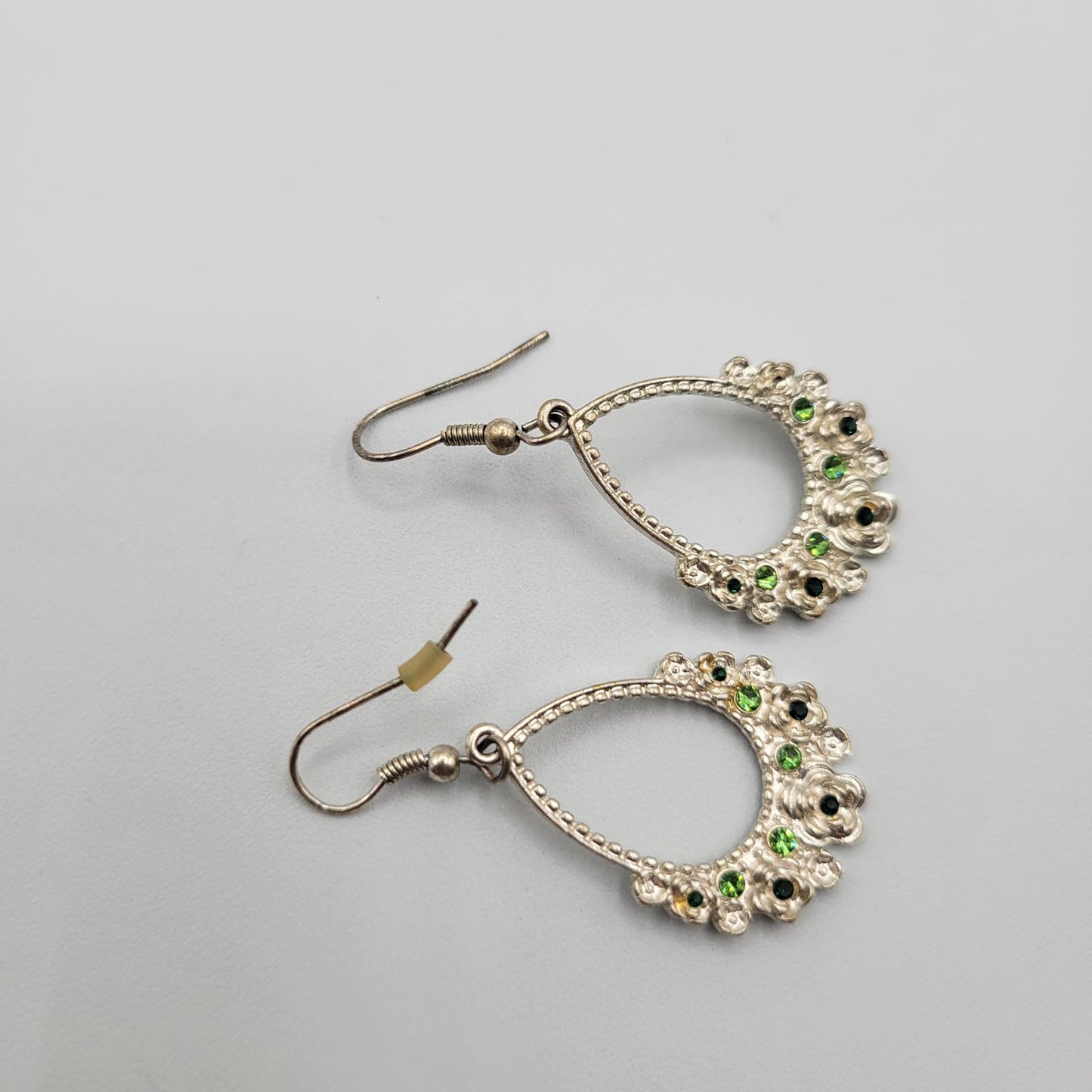 Vintage Y2K French Hook Dangle Earrings Silver Tone Green Rhinestones