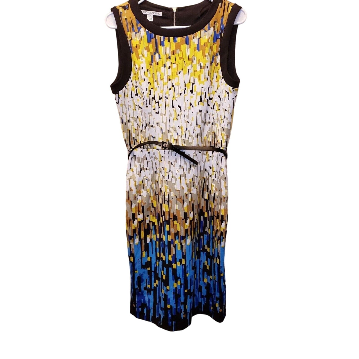 Maggy London Womens Sz 10 Knee Length Belted Career Dress Yellow Blue White