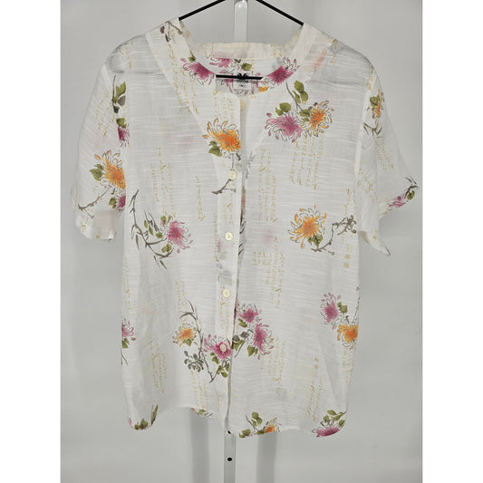 Wacoal 95 Womens Sz L Short Sleeve Button U Sleep Shirt White Floral