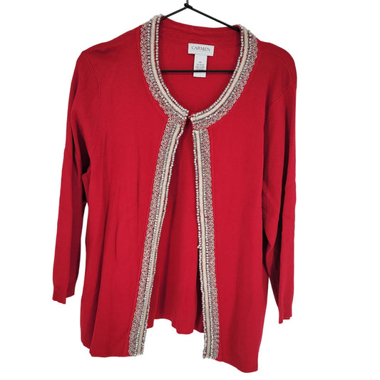 Carmen Womens Sz XL Formal Red Embellished Cardigan Sweater Silver Thick Knit