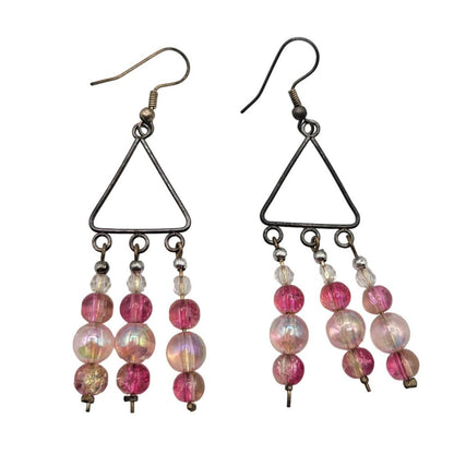 Vintage Y2K French Hook Earrings Geometric Dangle Pink Beaded