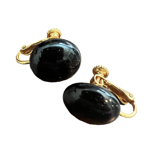 Vintage 1990s Dauplaise Clip On Earrings Art Deco Round Black Gold