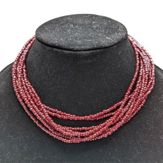 Vintage Womens Multi Strand Seed Bead Necklace Burgundy Red