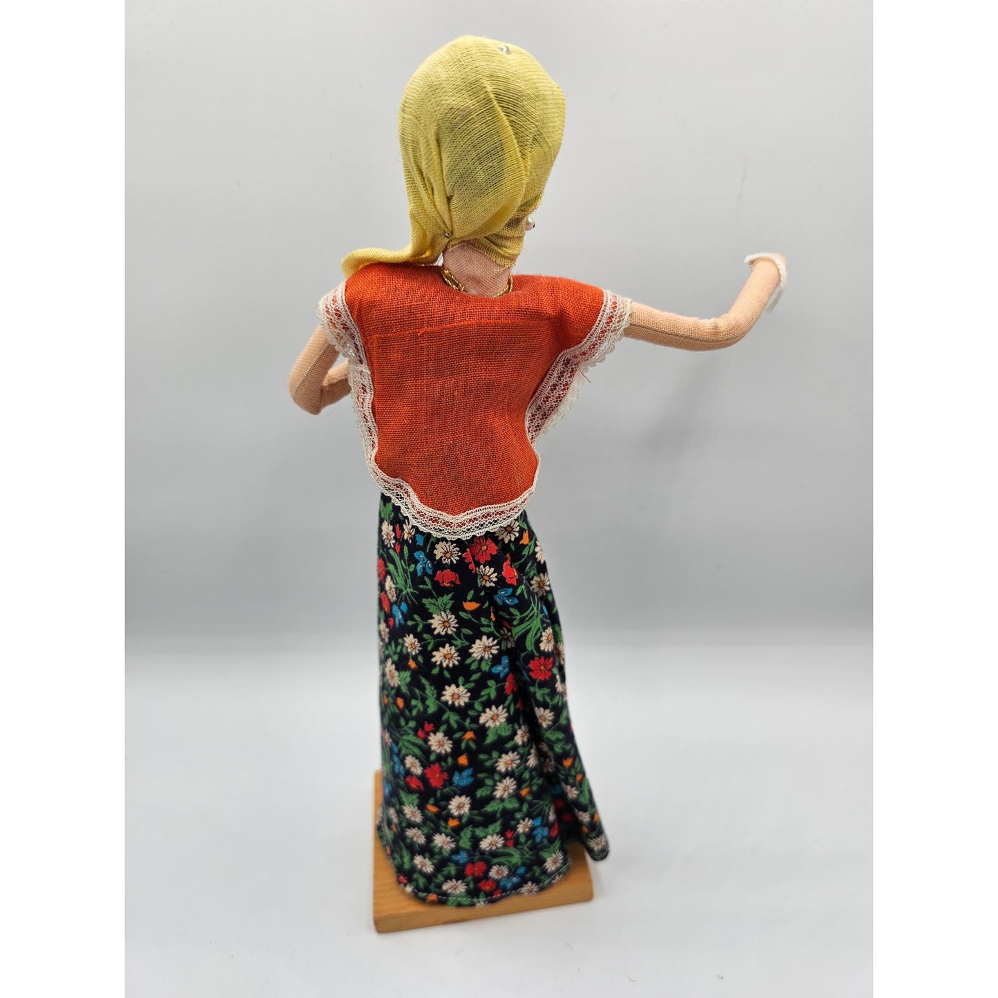 Vintage Turkish Bridal Doll Poseable Arms on Wooden Stand Floral Skirt