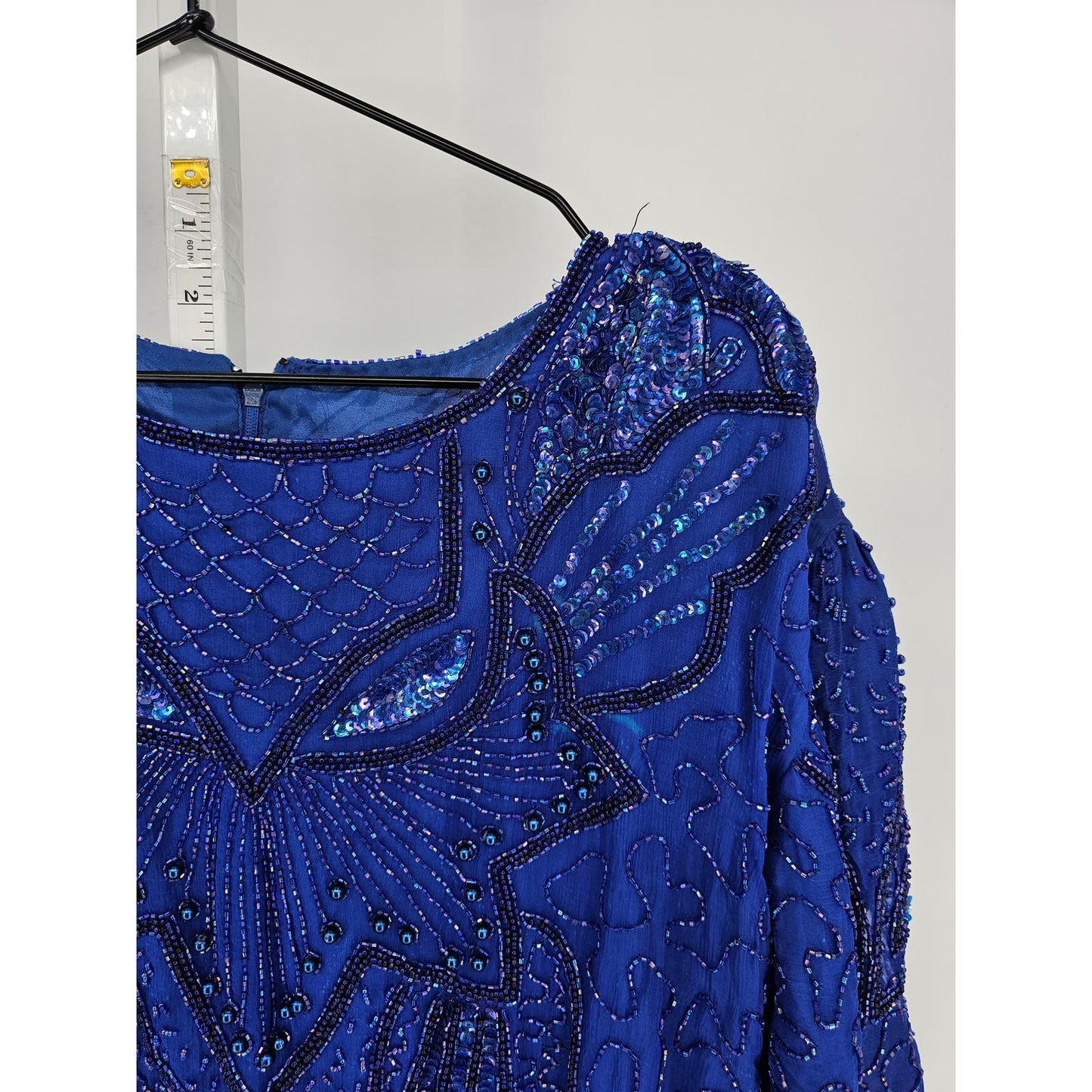 Vintage Womens Sz 14 Midi Length Short Sleeve Formal Dress Fully Beaded Blue