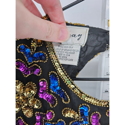 Stenay Womens Sz 8 100% Silk Fully Beaded Knee Length Dress Formal Black Floral