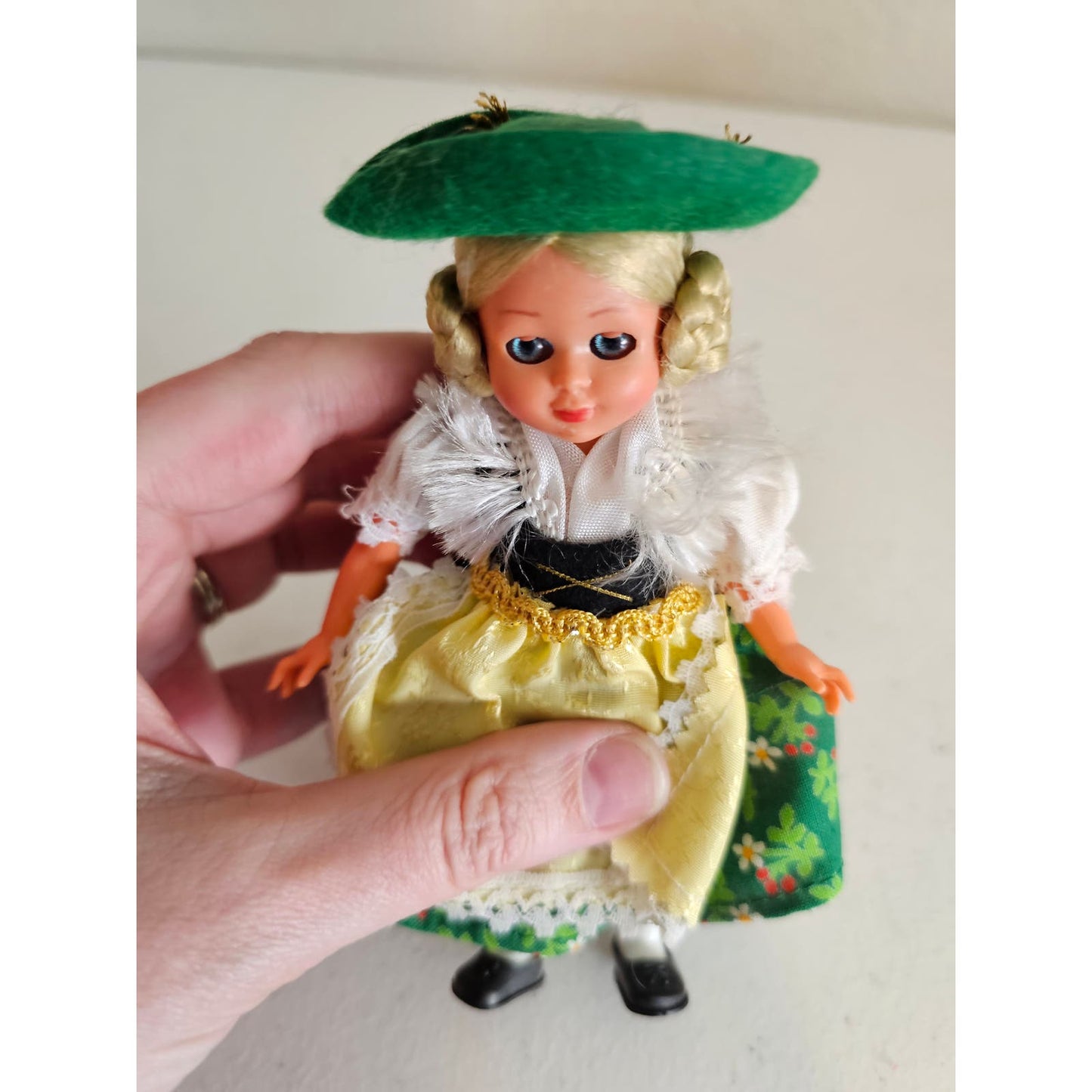 Vintage German Doll Rheinische Gummi 5.75" Female Folk Doll Green Yellow Dress