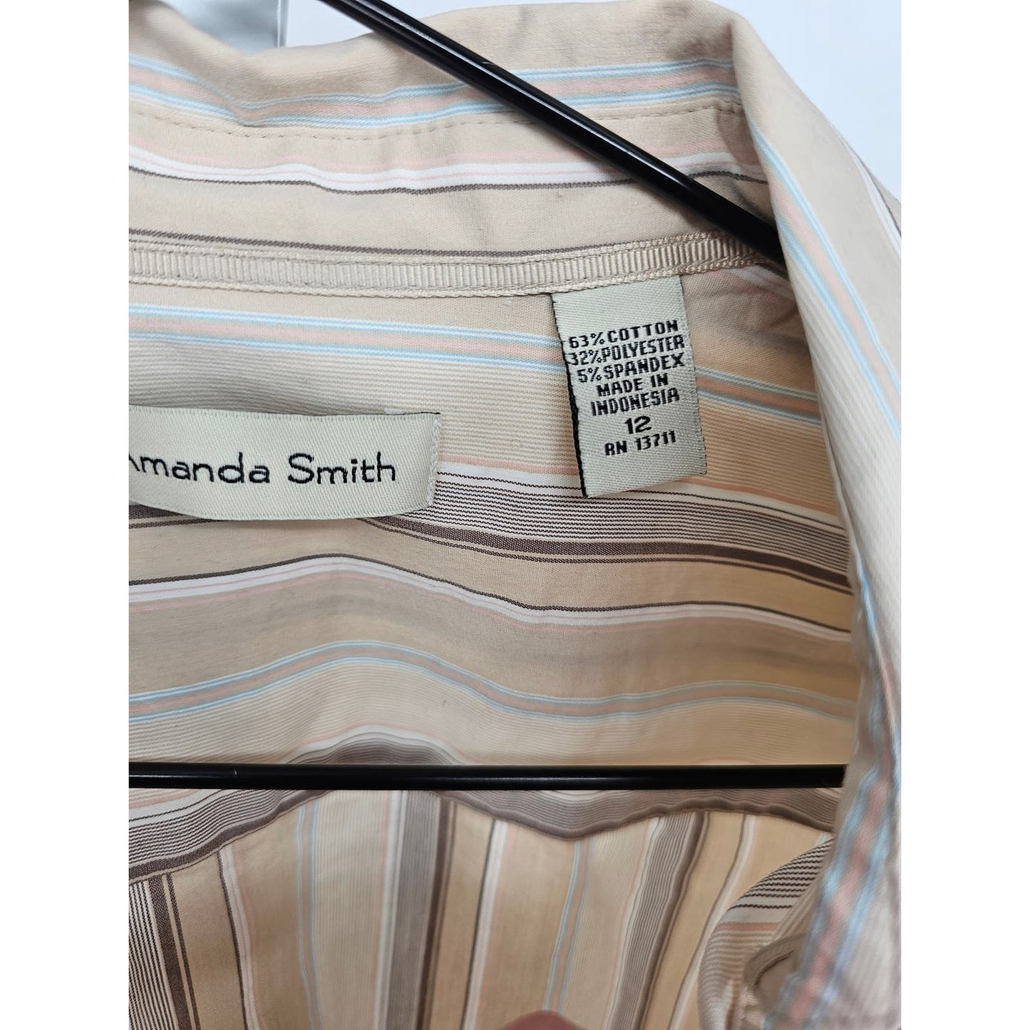 Amanda Smith Womens Sz 12 Long Sleeve Button Up Dress Shirt Cream Tan Striped