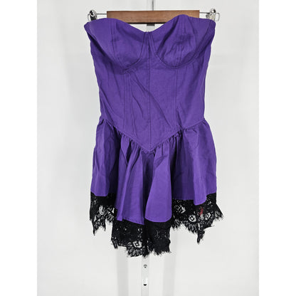 Romwe Womens Sz M Punk Contrast Mini Dress Bright Purple Black Lace NEW