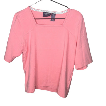 Liz Claiborne Womens Petite PL Cotton Blend Square Neck Short Sleeve Pink TShirt