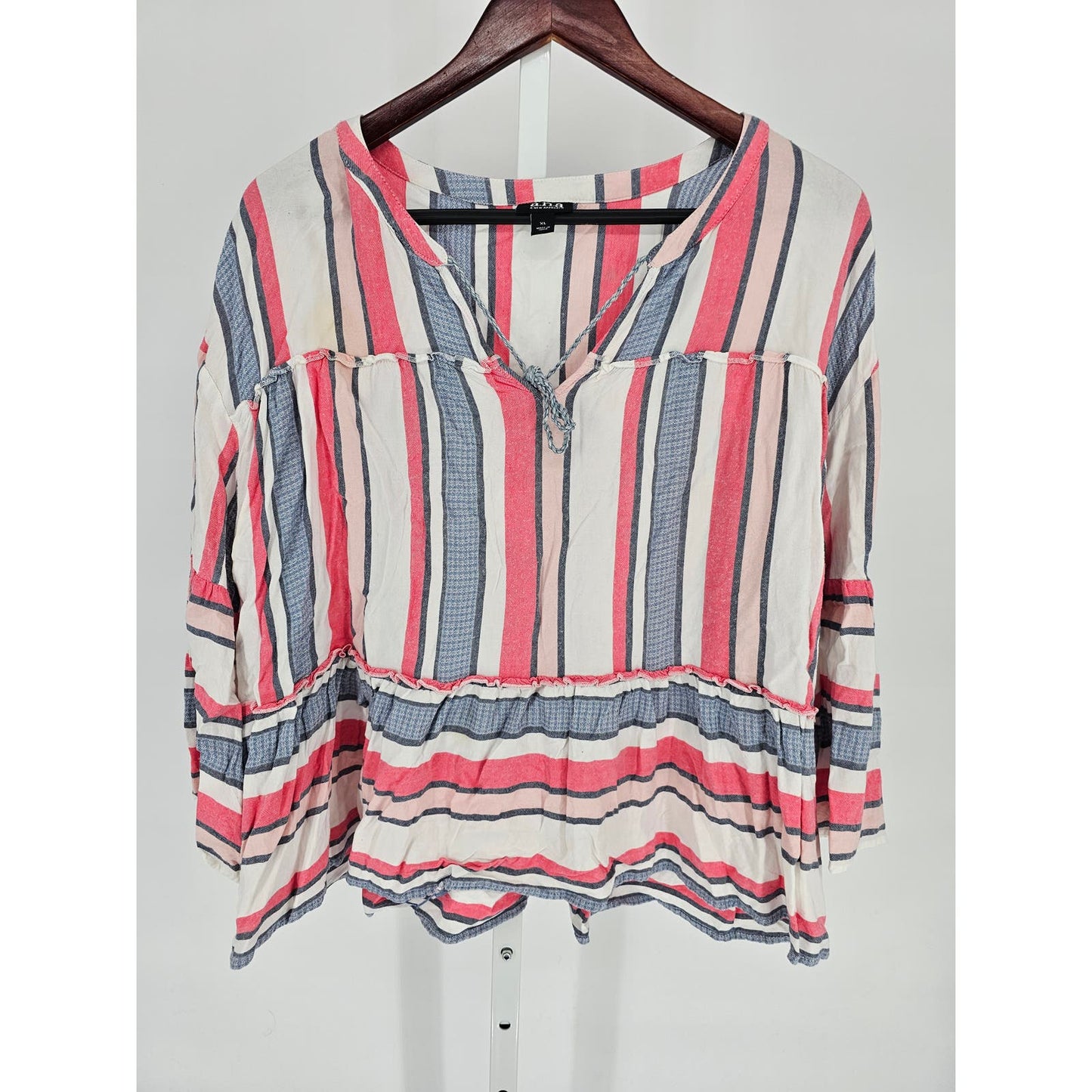 ANA A New Approach Womens Sz XL Babydoll Blouse Pink Blue Striped