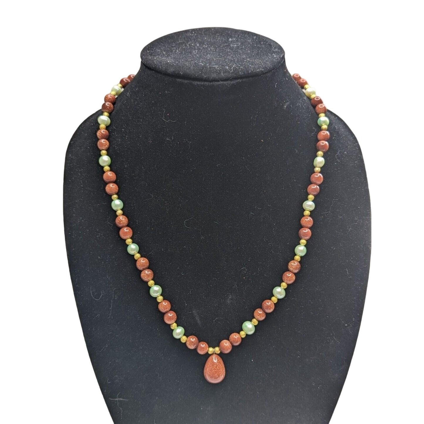 Vintage Single Strand Glass Beaded Necklace Glitter Stone Round w/ Small Pendant