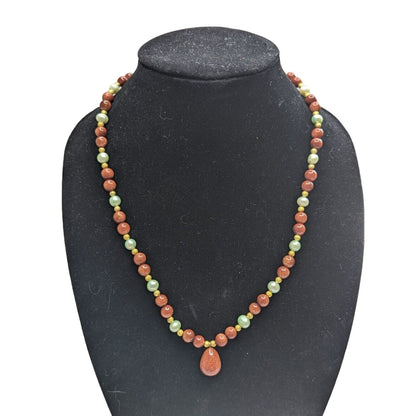 Vintage Single Strand Glass Beaded Necklace Glitter Stone Round w/ Small Pendant