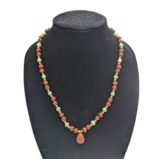 Vintage Single Strand Glass Beaded Necklace Glitter Stone Round w/ Small Pendant