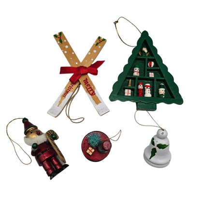 Lot of 5 Vintage Hand Painted Wooden Christas Ornaments Skis Tree Bell Metallic