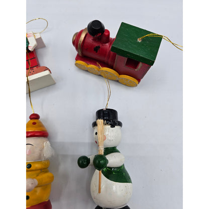 Lot of 5 Vintage Hand Painted Wooden Christas Ornaments  Santa Train Snowman
