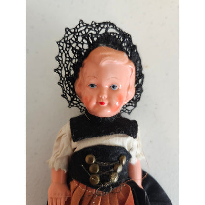 Vintage 5" Celluloid Plastic German Souvenir Doll Black Gold Dress 1960s