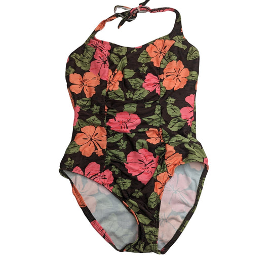 Catalina Anna Fit Womens Sz L One Piece Swimsuit Halter Pink Green Brown Floral