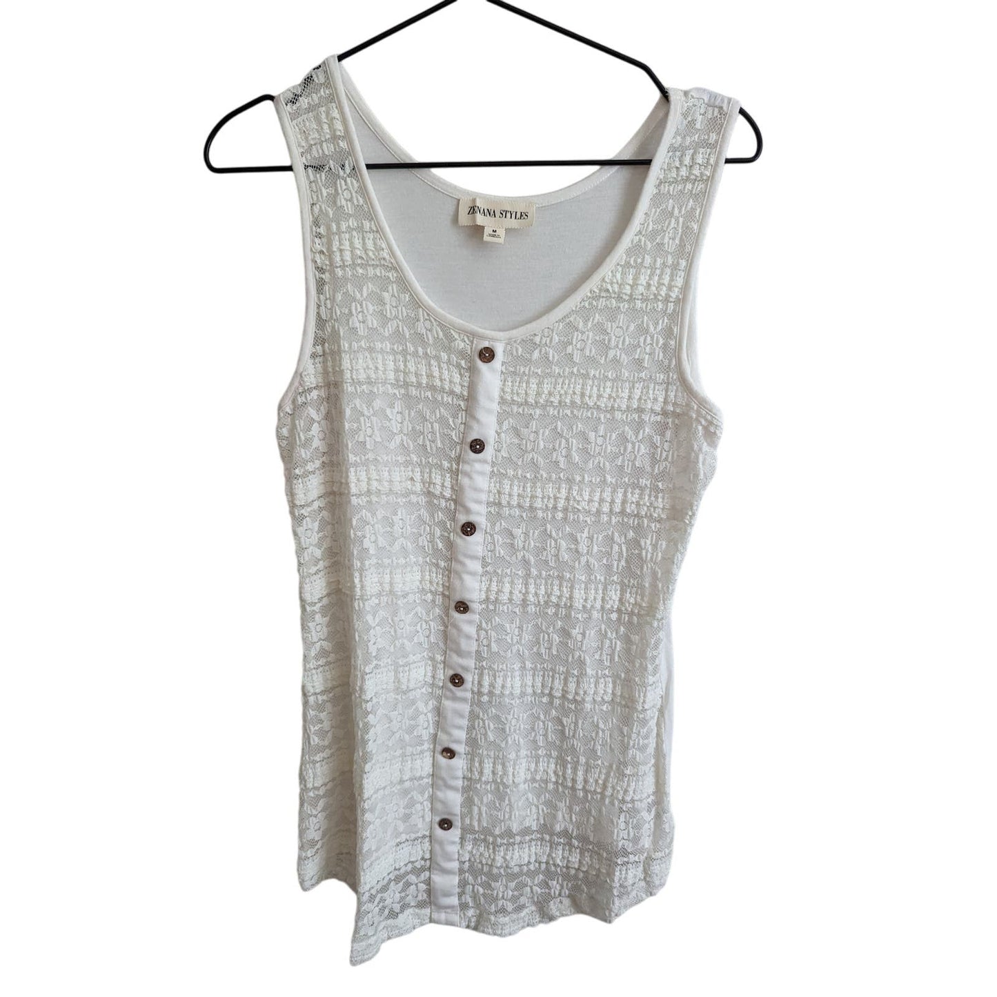 Zenana Styles Womens Sz M Sleeveless Button Down Top White Lace