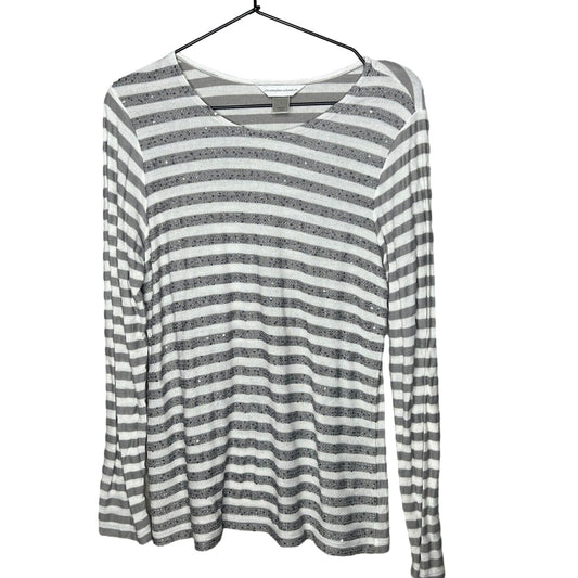 Christopher & Banks Womens Sz L Long Sleeve Gray White Striped Blouse Sparkly