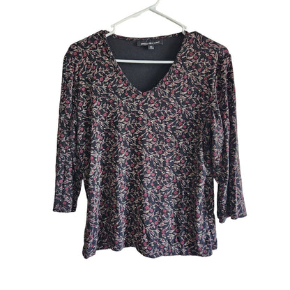 Briggs New York Womens Sz M V Neck Long Sleeve Shirt Black Pink Floral