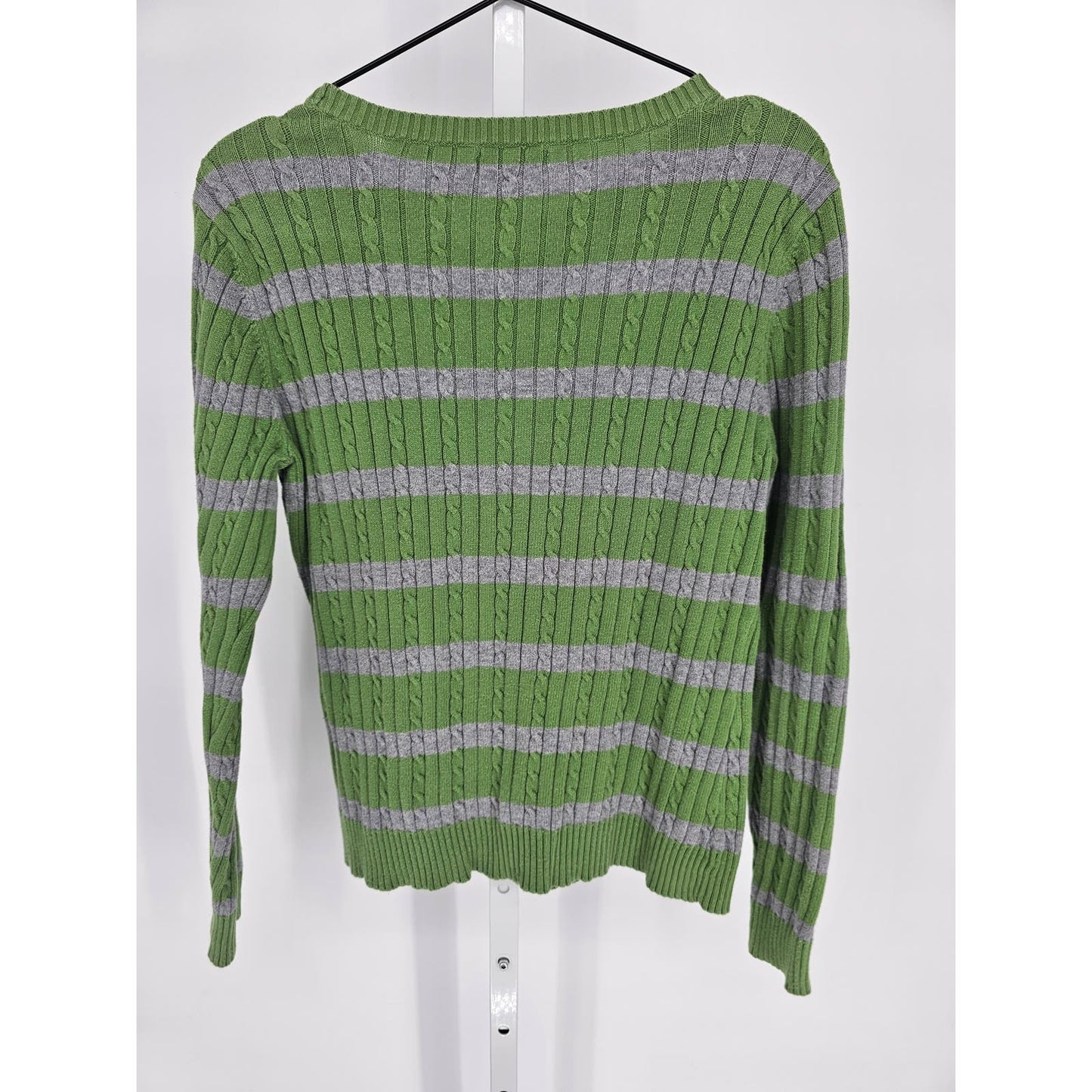 Izod Womens Sz M 100% Cotton Lightweight Sweater Gray Green Striped Cableknit