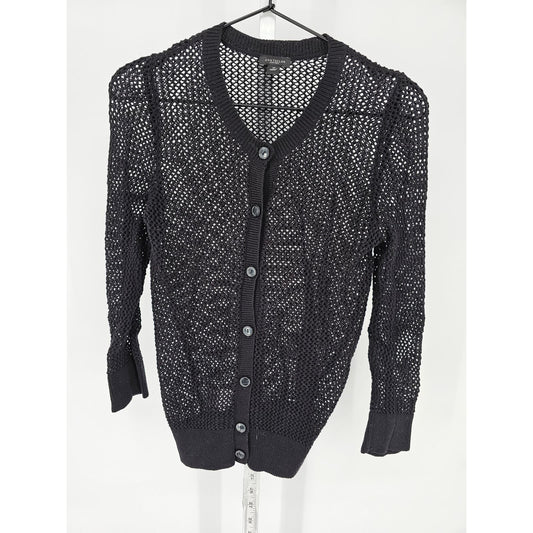 Ann Taylor Womens Sz XS Button Up Cardigan Sweater Black Open Knit