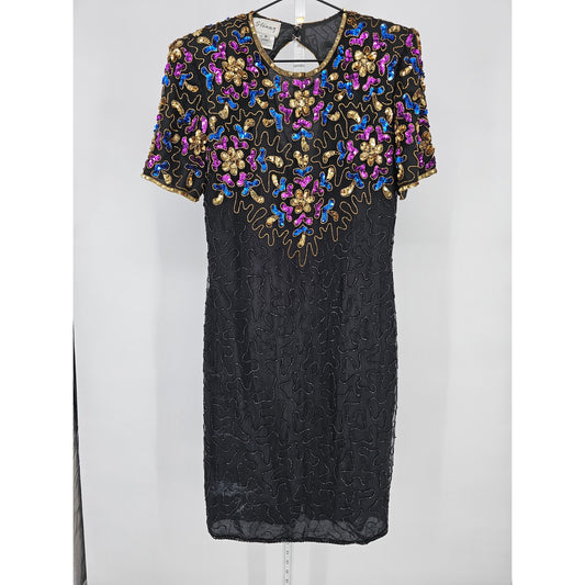 Stenay Womens Sz 8 100% Silk Fully Beaded Knee Length Dress Formal Black Floral