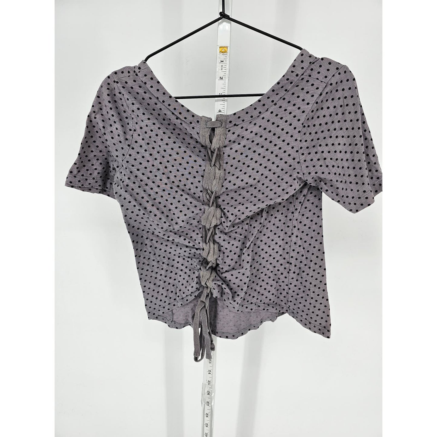 Sparkle & Fade Womens Sz S Cropped Short Sleeve Blouse Lace Back Polka Dot Gray