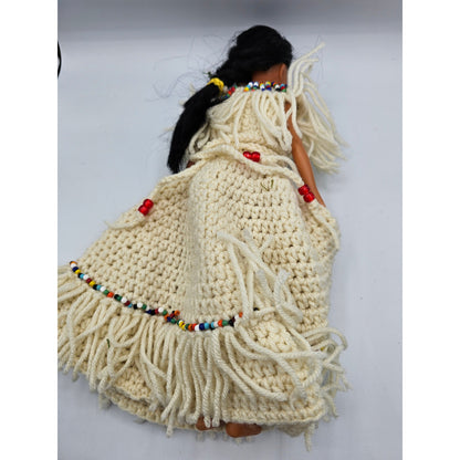 Vintage Native American Princess Doll w/ Fringed Crochet Dress 15" Beaded