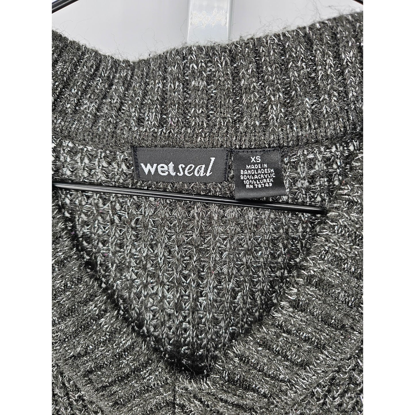 Vintage Y2K Wet Seal Womens Sz XS V Neck Sweater Metallic Weave Knit Silver