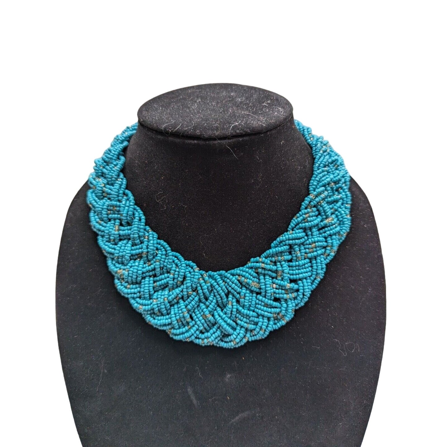 Vintage Multi Strand Braided Seed Bead Collar Statement Necklace Blue
