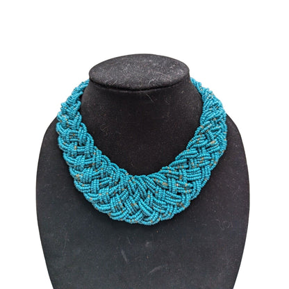 Vintage Multi Strand Braided Seed Bead Collar Statement Necklace Blue