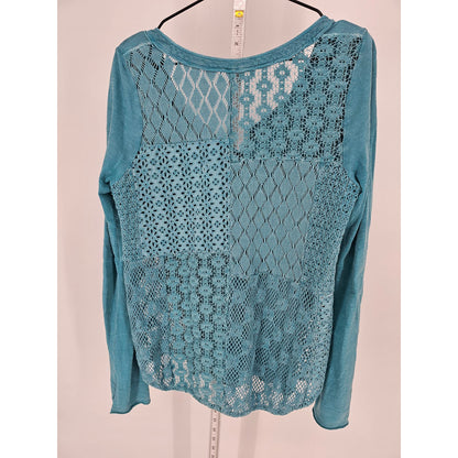 Free People Womens Sz L Long Sleeve Eyelet Stars Align Bright Blue Long Sleeve