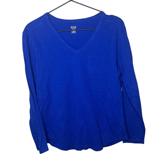 ANA A New Approach Womens Sz Petite PM Cotton Blend Long sleeve V Neck Blue