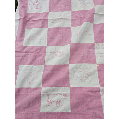 Vtg 1960s Handmade Baby Blanket Quilt Pink White Checkered Needlepoint Animals