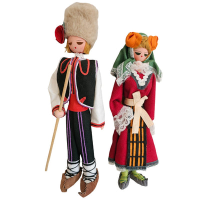 Vintage Bulgarian Wooden Souvenir Dolls, Handmade Woman and Man Traditional Doll