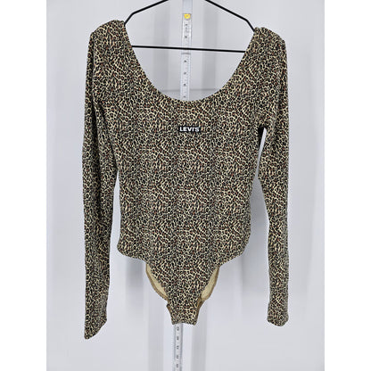 Levis Womens Sz M Long Sleeve Bodysuit Shirt Brown Leopard Cheetah Print