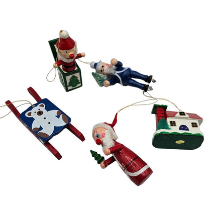 Lot of 5 Vintage Hand Painted Wooden Christas Ornaments Santa Jack in the Box